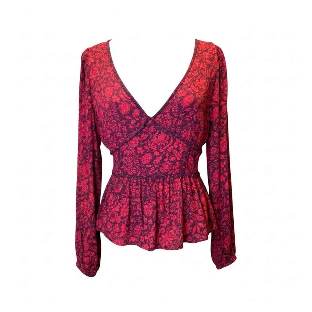 Knox Rose Red Floral Top Silver Threads V-Neck Blouse Peplum Long Sleeve Medium